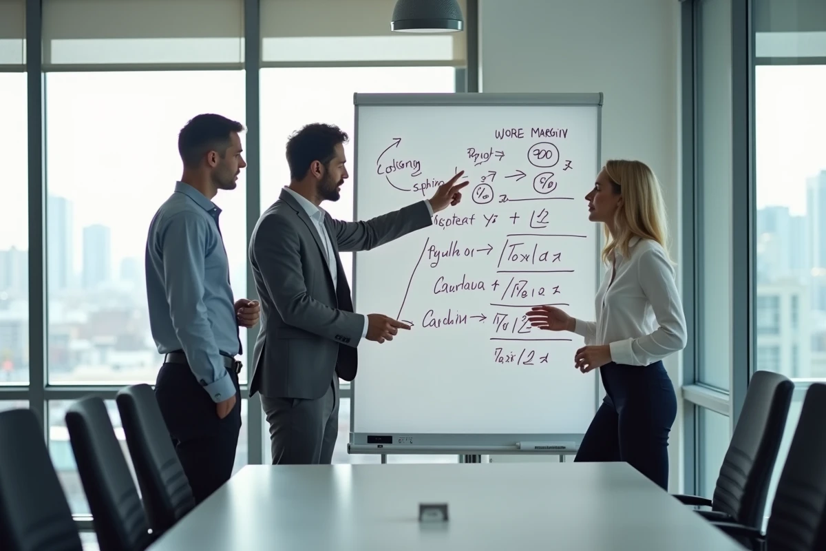 Équipe professionnelle analysant des méthodes de calcul de marge sur un tableau blanc en salle de réunion