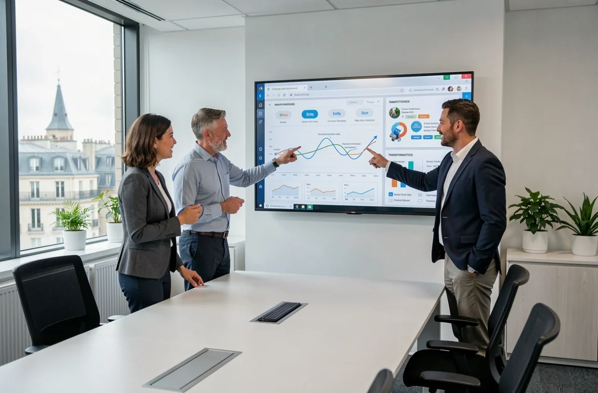 Équipe de professionnels bancaires analysant des données de transformation numérique en salle de réunion