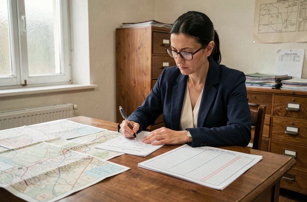 Femme consultant des cartes cadastrales et calculant la surface en ares dans un bureau administratif
