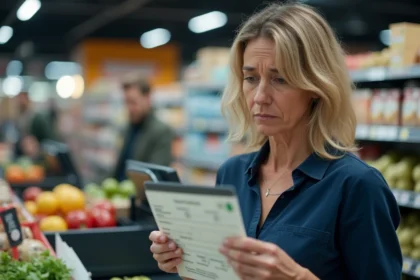 Une femme confuse tenant un chèque différé Leclerc à la caisse d'un supermarché, illustrant les erreurs fréquentes des clients avec les chèques différés 2026