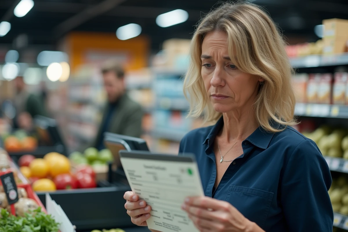 Une femme confuse tenant un chèque différé Leclerc à la caisse d'un supermarché, illustrant les erreurs fréquentes des clients avec les chèques différés 2026