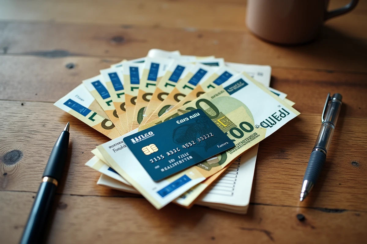 Vue de dessus d'espèces en euros, carte Nickel et reçu de dépôt posés sur un bureau en bois