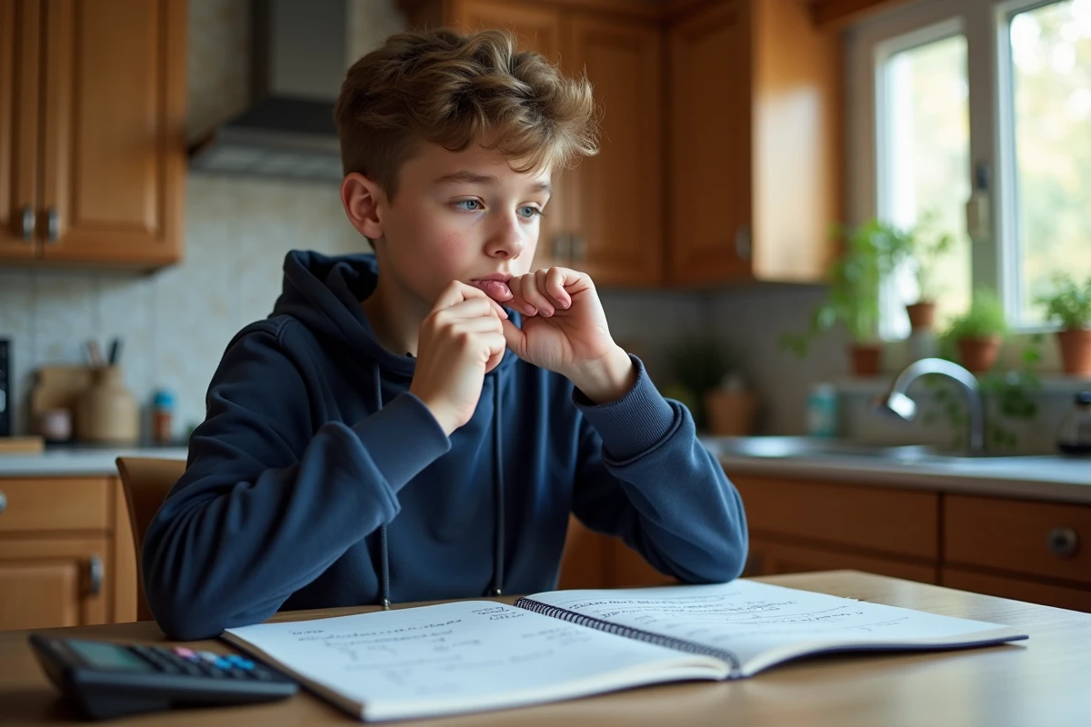 Adolescent étudiant la formule de taux d'évolution dans un manuel de mathématiques posé sur une table de cuisine
