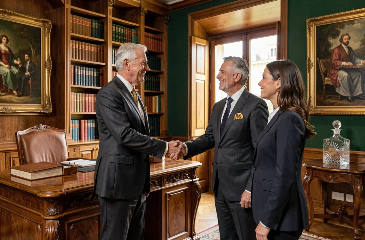 Directeur d'Euro Patrimoine Investissement serrant la main de clients dans un bureau luxueux et classique à Nice
