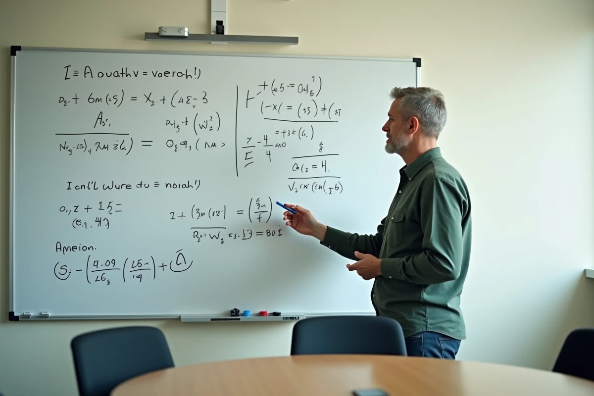 Homme d'affaires expliquant la formule du taux d'évolution devant un tableau blanc couvert d'équations mathématiques en salle de réunion