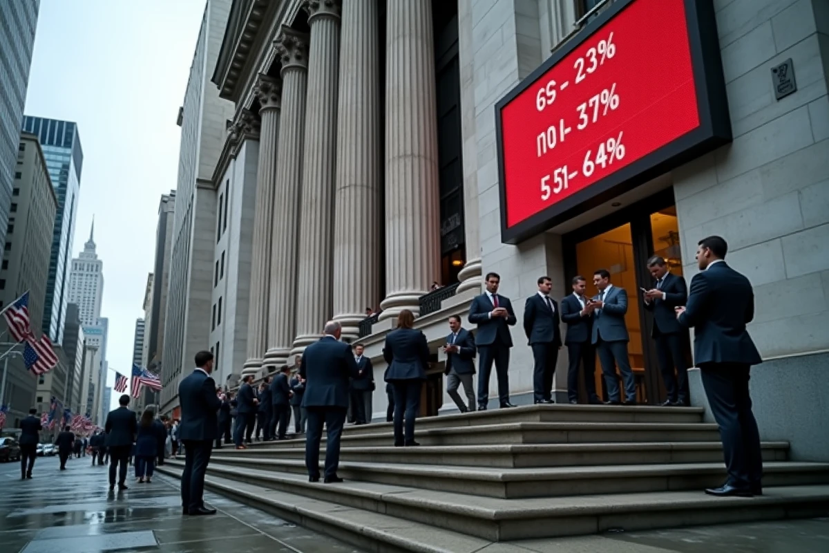 Façade d'une bourse majeure avec foule de financiers inquiets lors d'un effondrement des marchés boursiers