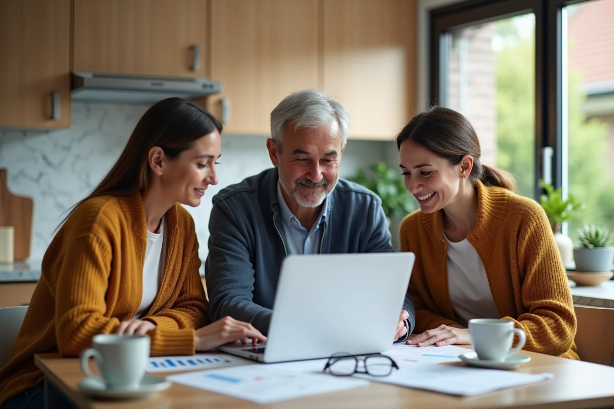 Famille réunie autour d'une table pour discuter de la répartition d'un héritage et des documents successoraux