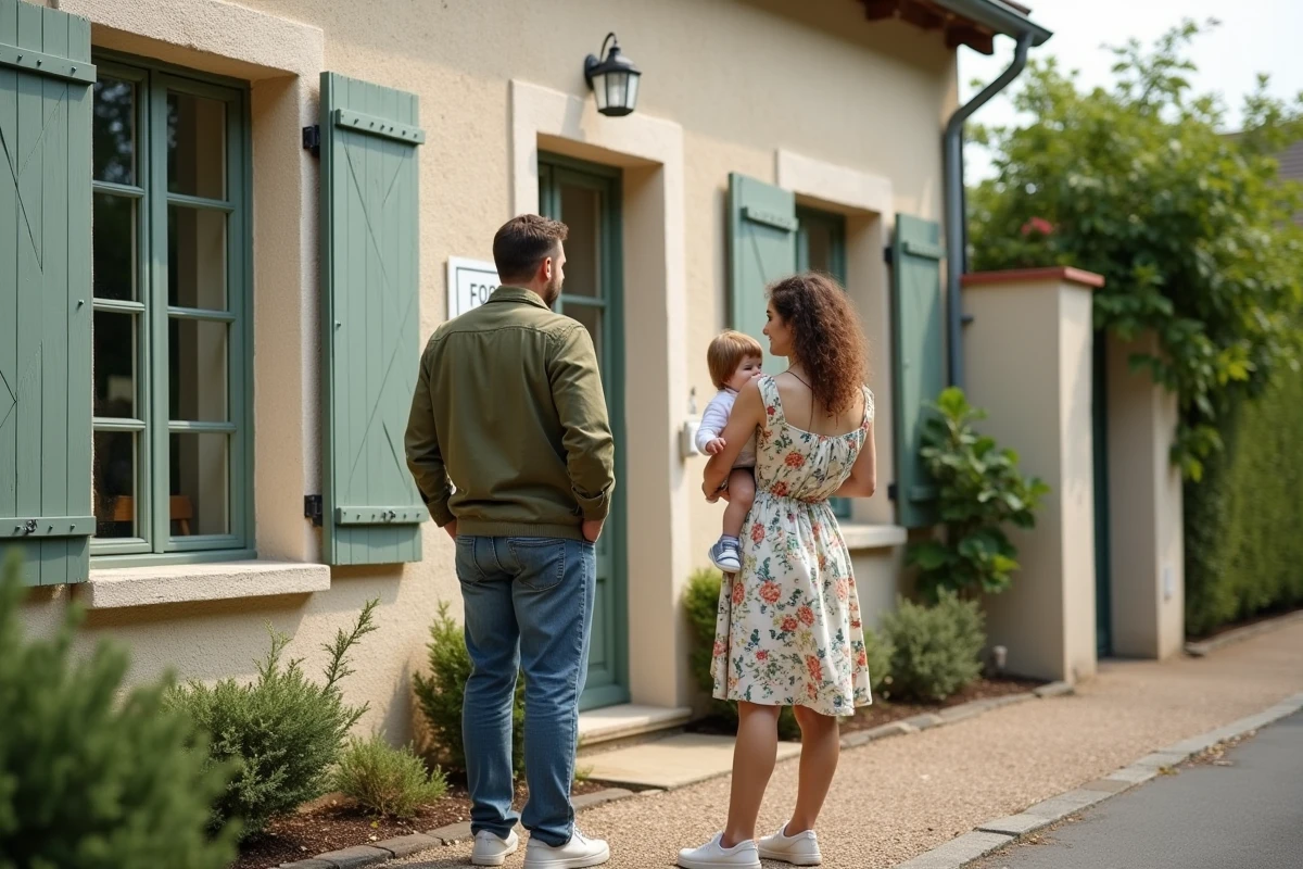 Jeune famille devant leur maison nouvellement acquise grâce aux aides de la CAF pour l'achat immobilier