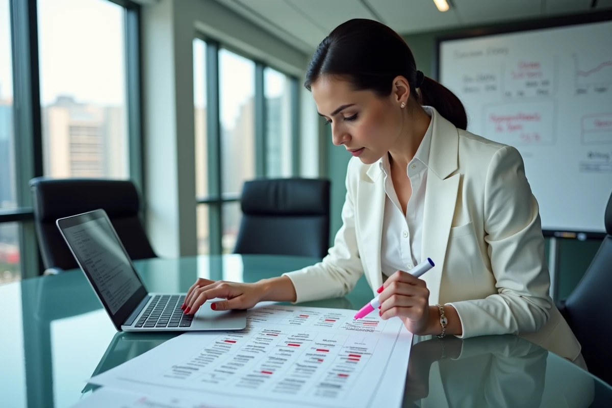 Femme d'affaires examinant un relevé de compte courant d'associé en salle de réunion avec tableur comptable