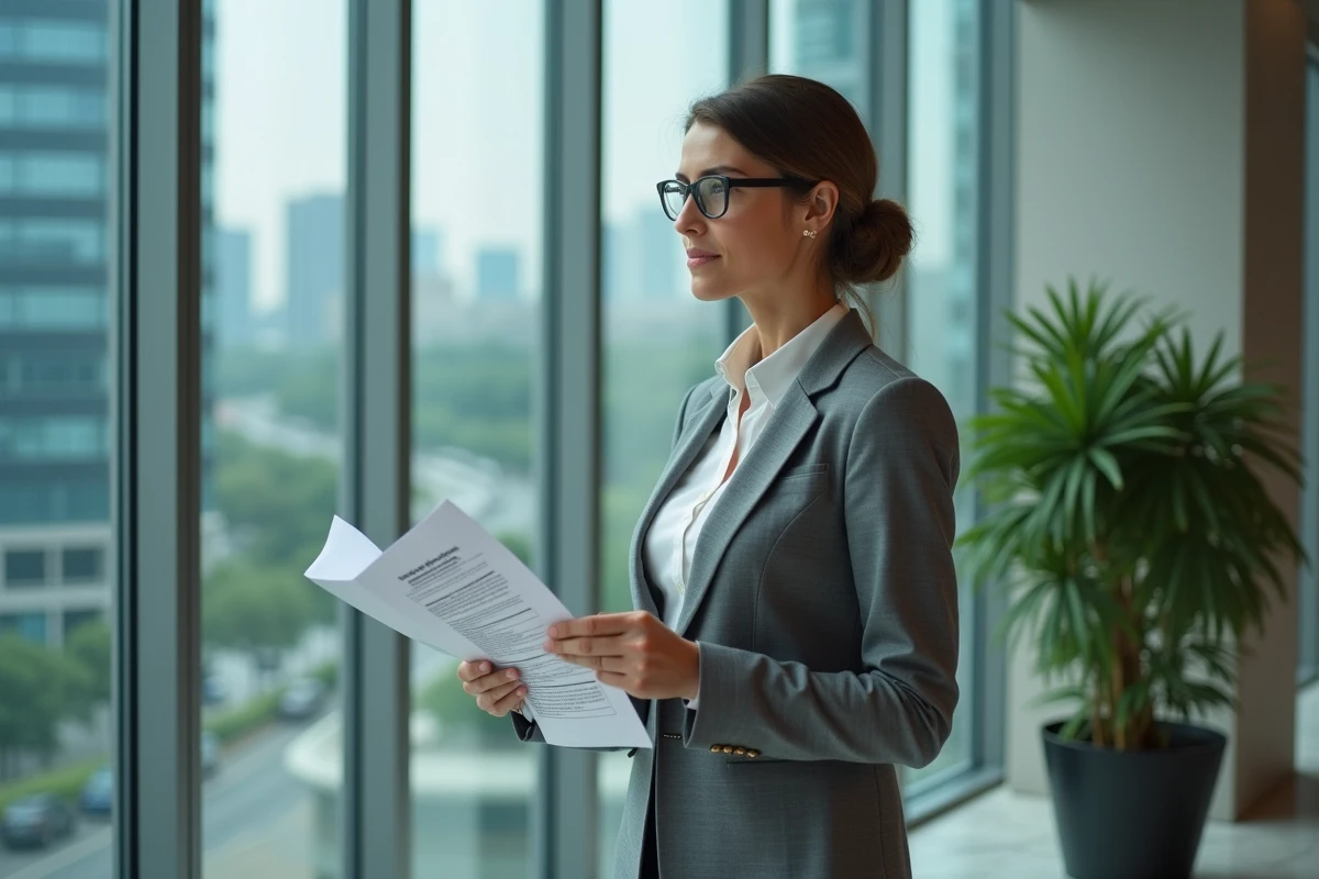 Femme d'affaires consultant une brochure sur la réforme fiscale et les nouveaux impôts 2026