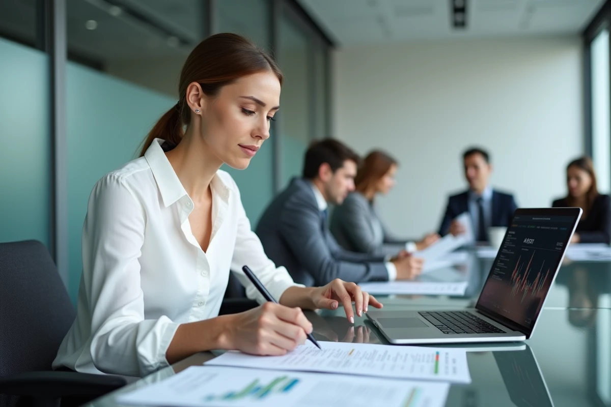 Femme analyste financière évaluant des critères de sélection d'altcoins en environnement professionnel
