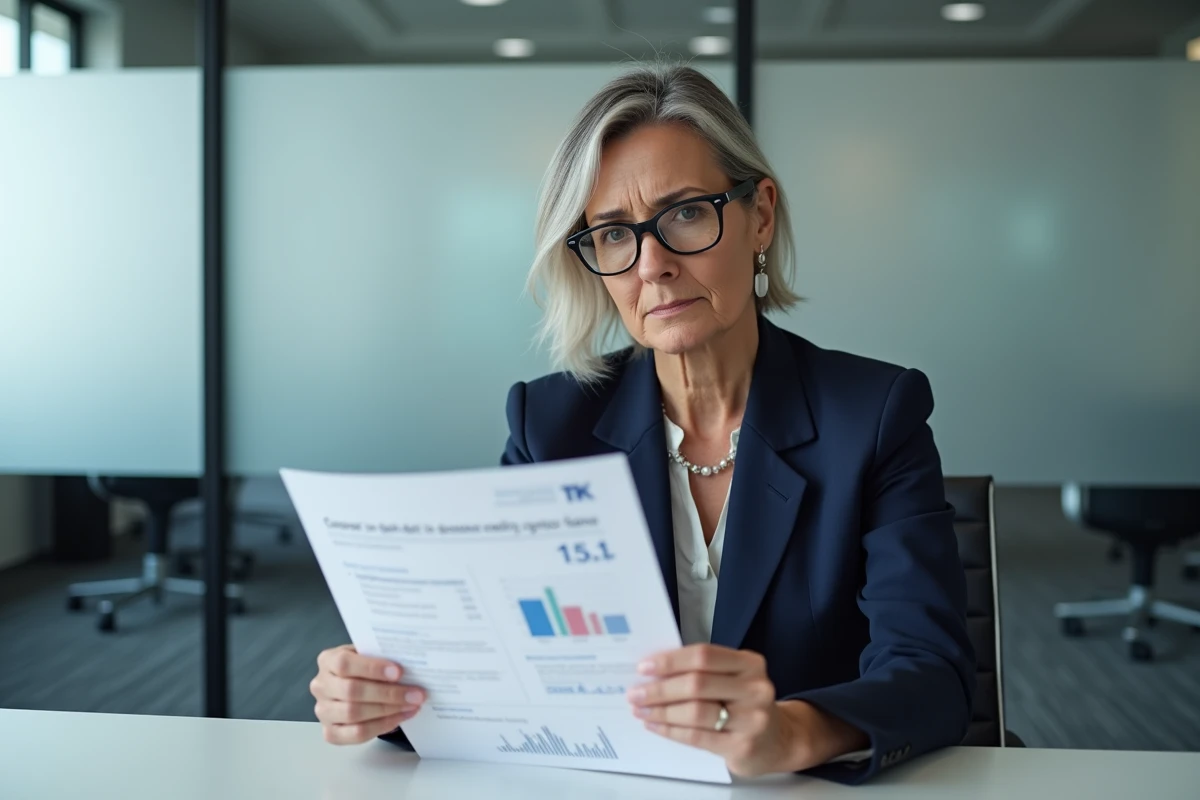 Femme analyste tenant un rapport de pertes financières en cryptomonnaies dans une salle de réunion professionnelle