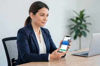 Femme professionnelle consultant l'application mobile Cyberplus Bp du Sud sur son smartphone au bureau