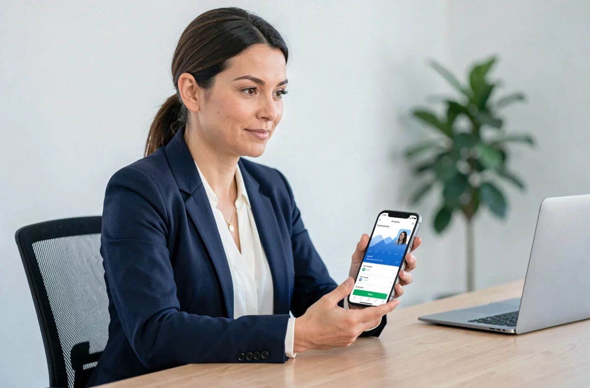 Femme professionnelle consultant l'application mobile Cyberplus Bp du Sud sur son smartphone au bureau