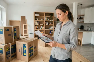 Femme consultant sa tablette entourée de cartons de meubles en kit dans un appartement de style scandinave, illustrant le budget mobilier IKEA