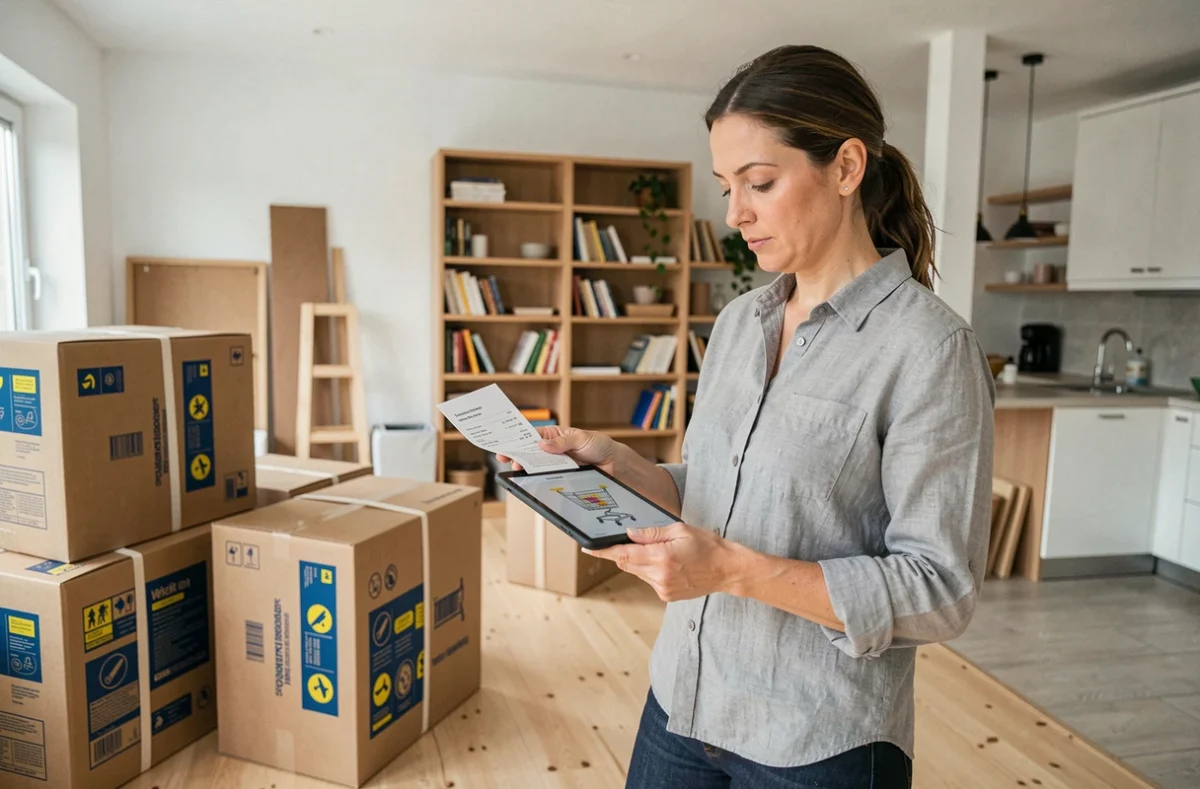 Femme consultant sa tablette entourée de cartons de meubles en kit dans un appartement de style scandinave, illustrant le budget mobilier IKEA
