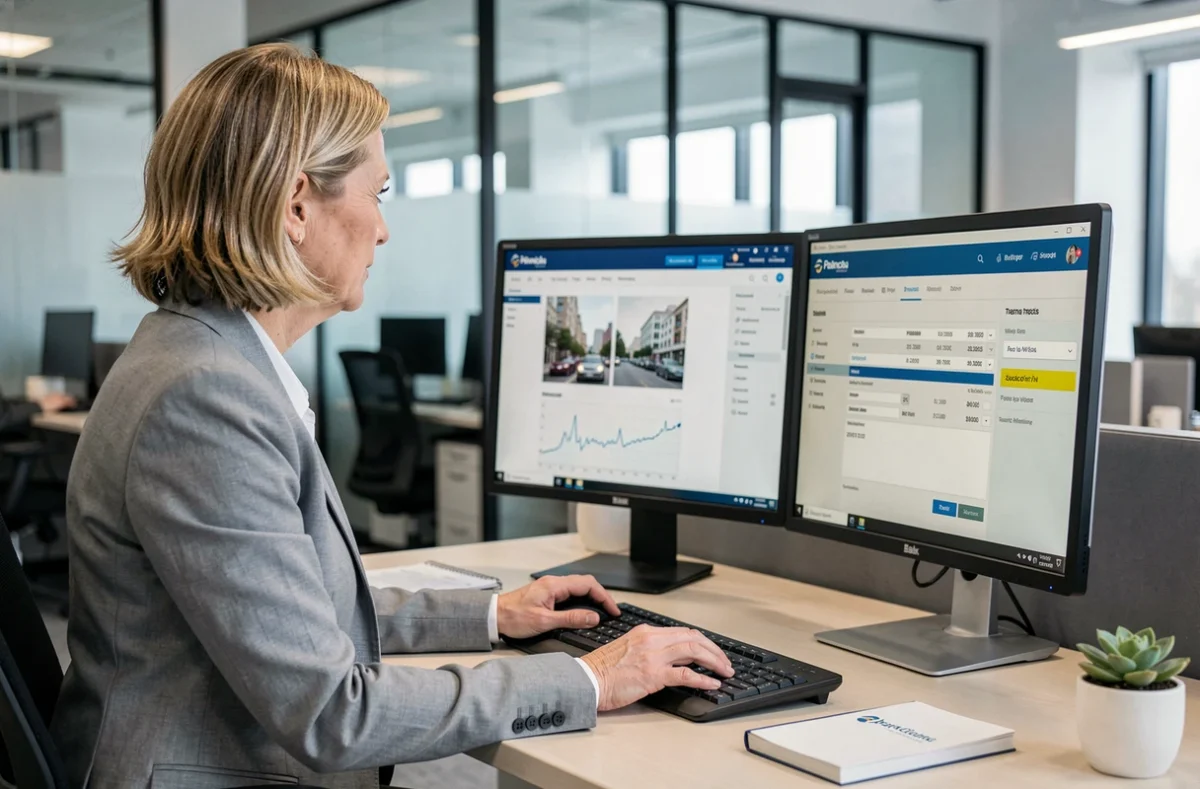 Femme en costume gris gérant des virements bancaires sur un ordinateur de bureau dans un open space professionnel