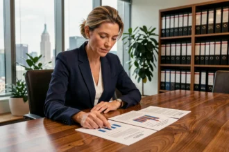Femme cadre analysant des documents de placement immobilier SCPI dans un bureau moderne avec vue sur la ville