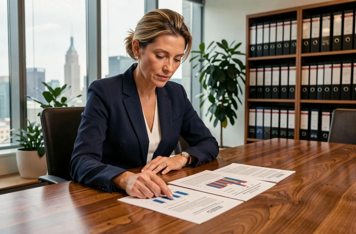 Femme cadre analysant des documents de placement immobilier SCPI dans un bureau moderne avec vue sur la ville