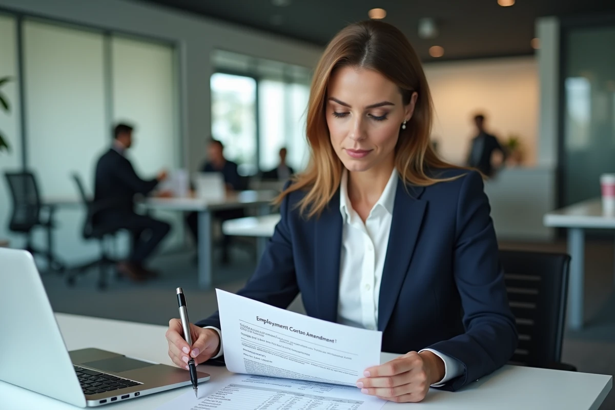 Femme cadre relisant un avenant de contrat de travail lié à la prime Macron avant de signer, assise à un bureau professionnel moderne