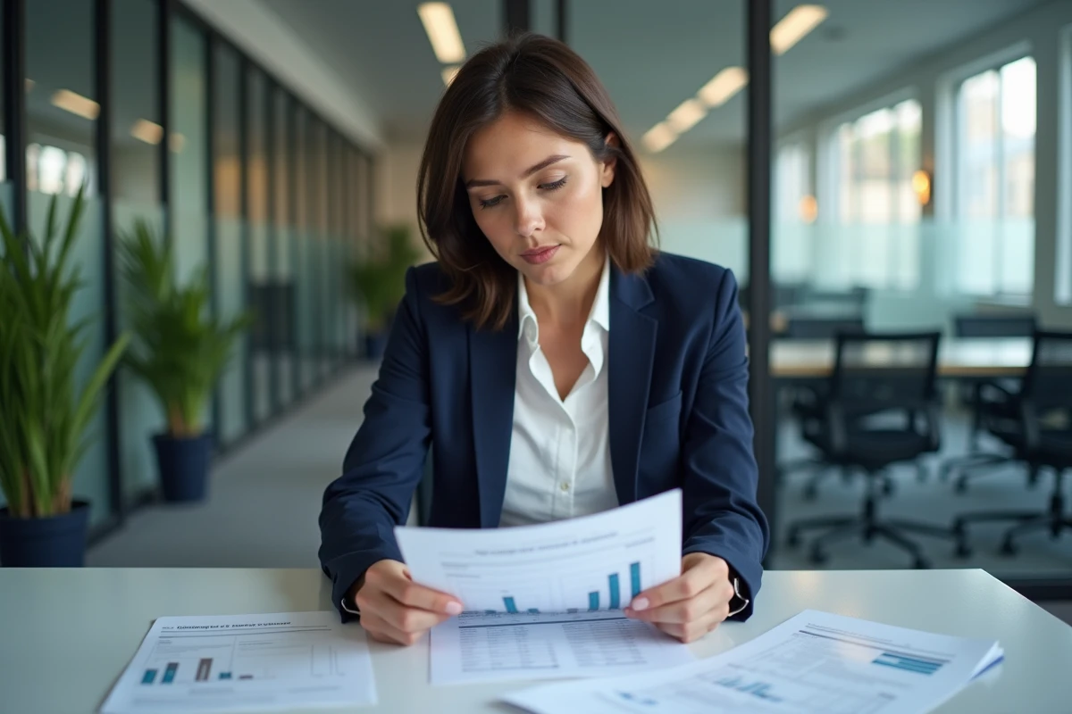Femme cadre analysant des données sur les revenus médians par profession dans un bureau moderne à Paris