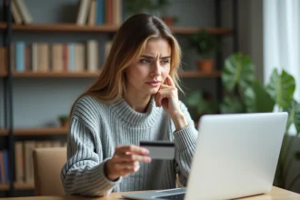 Femme tenant une carte bancaire expirée devant son ordinateur pour régler une facture Free