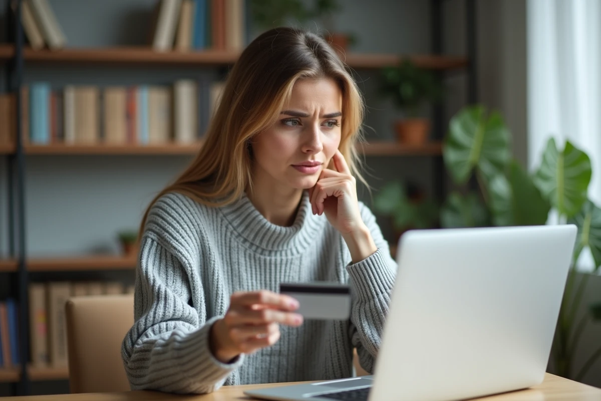 Femme tenant une carte bancaire expirée devant son ordinateur pour régler une facture Free