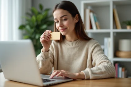 Femme tenant un chèque Cadhoc devant un ordinateur portable pour convertir son solde en carte cadeau Amazon