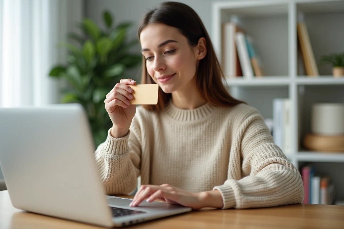 Femme tenant un chèque Cadhoc devant un ordinateur portable pour convertir son solde en carte cadeau Amazon