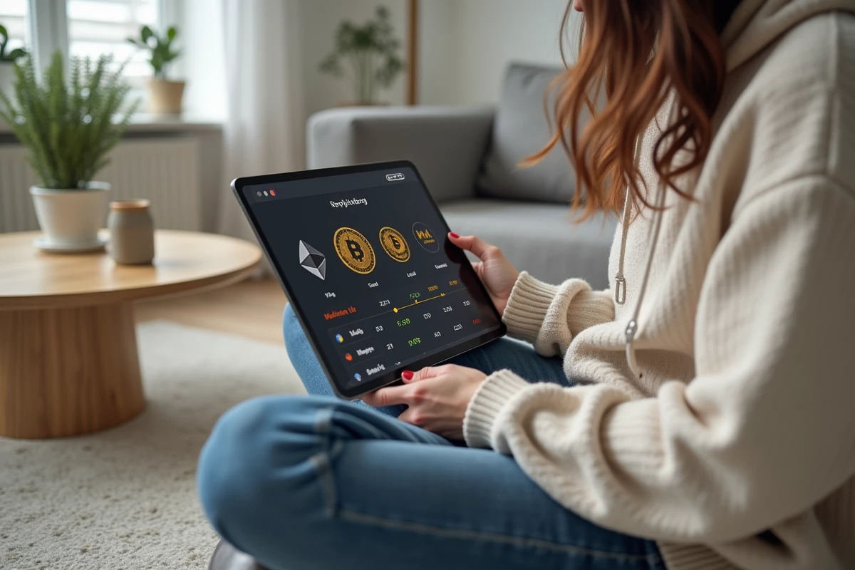 Femme comparant les cryptomonnaies rentables à miner sur une tablette dans un salon moderne