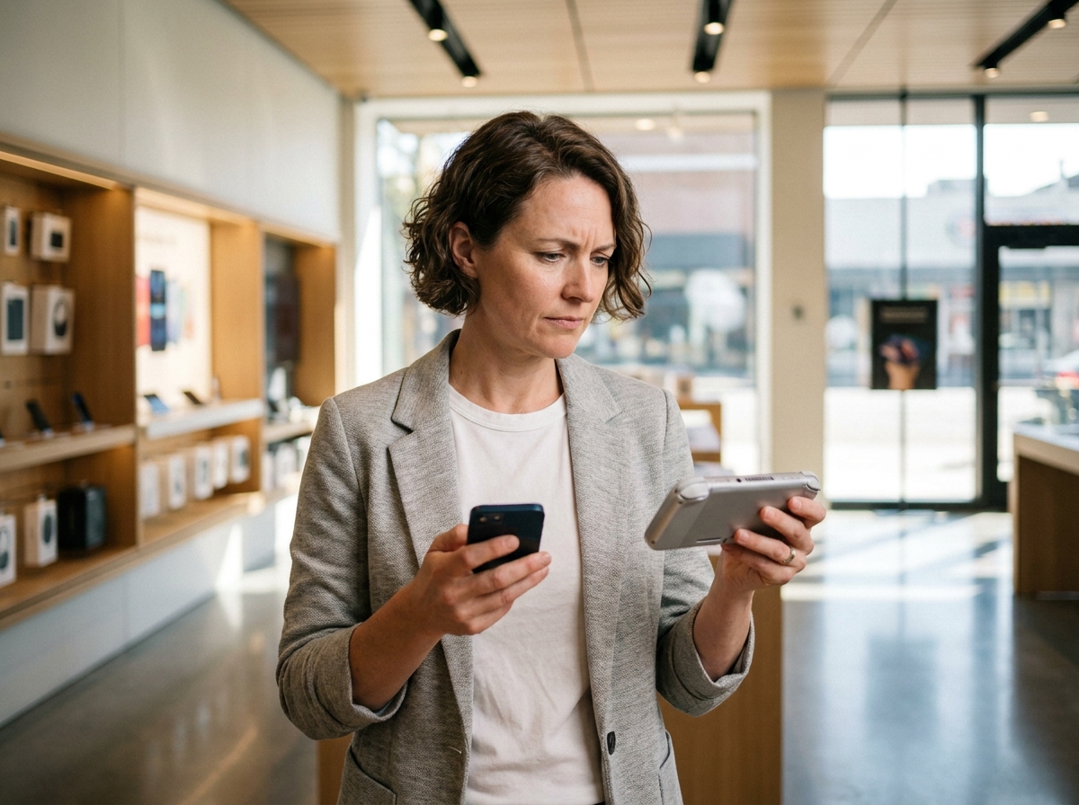 Femme tenant deux appareils électroniques compacts dans un magasin de technologie moderne, comparant les caractéristiques de l'Epsicap Explore et de l'Epsicap Nano