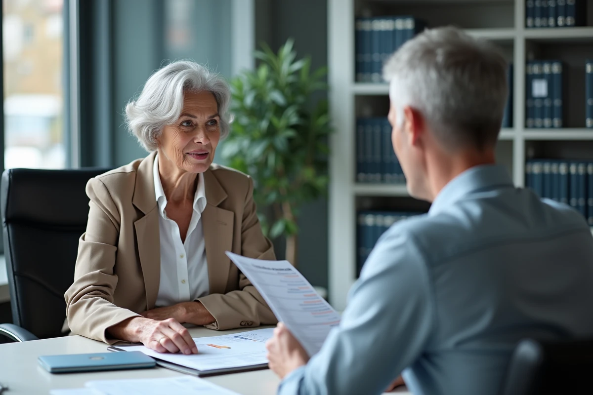 Femme de 60 ans consultant un conseiller financier pour planifier sa retraite et vérifier ses 172 trimestres cotisés