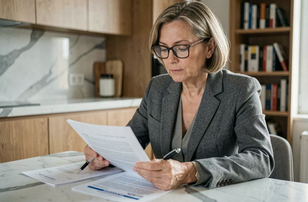 Femme en blazer gris étudiant un contrat d'assurance vie et un portefeuille SCPI à son domicile