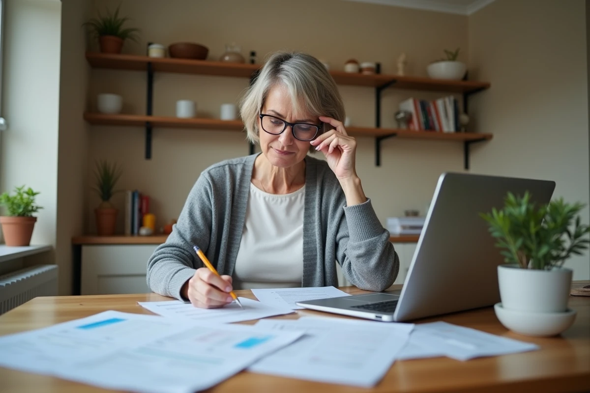 Femme remplissant sa déclaration de revenus Cerfa 2042 RICI sur table en bois avec documents fiscaux et ordinateur portable