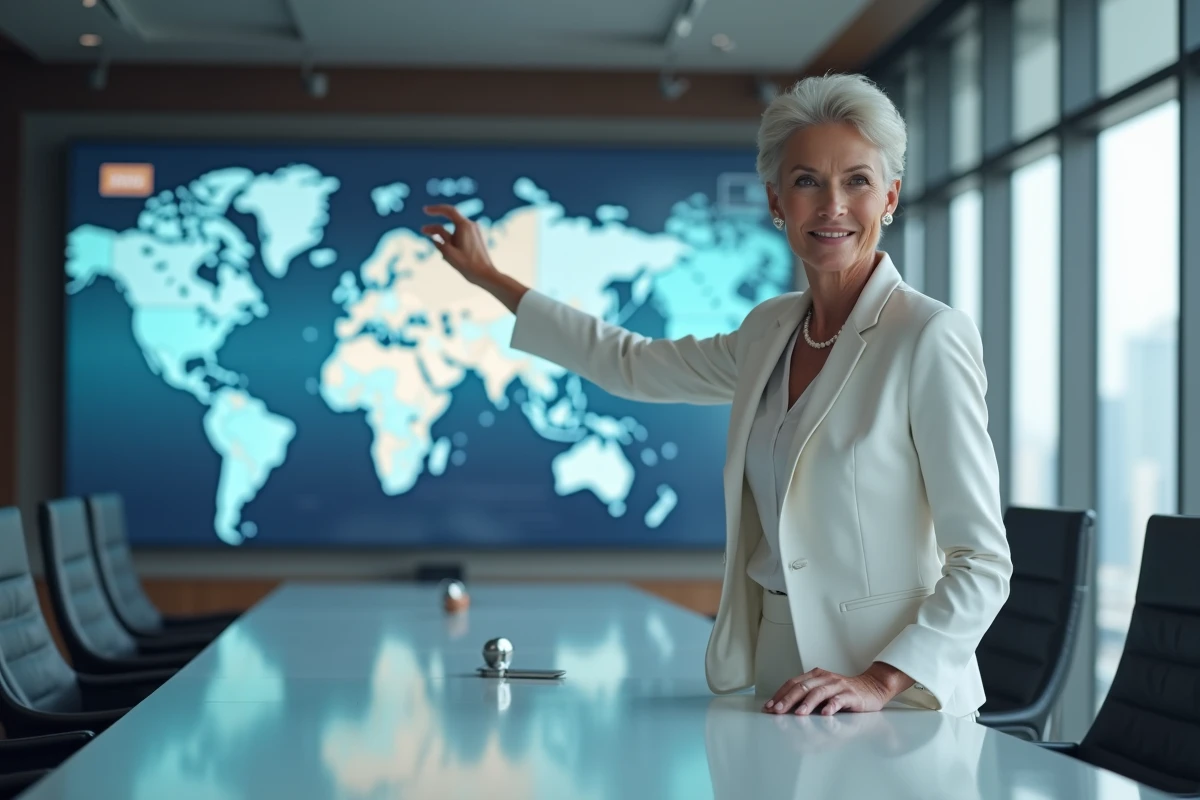 Femme dirigeante influente présentant des données économiques mondiales dans une salle de réunion moderne d'une entreprise internationale