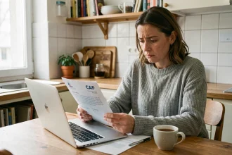Femme consultant ses documents CAF et son ordinateur portable à la maison après un changement de situation familiale
