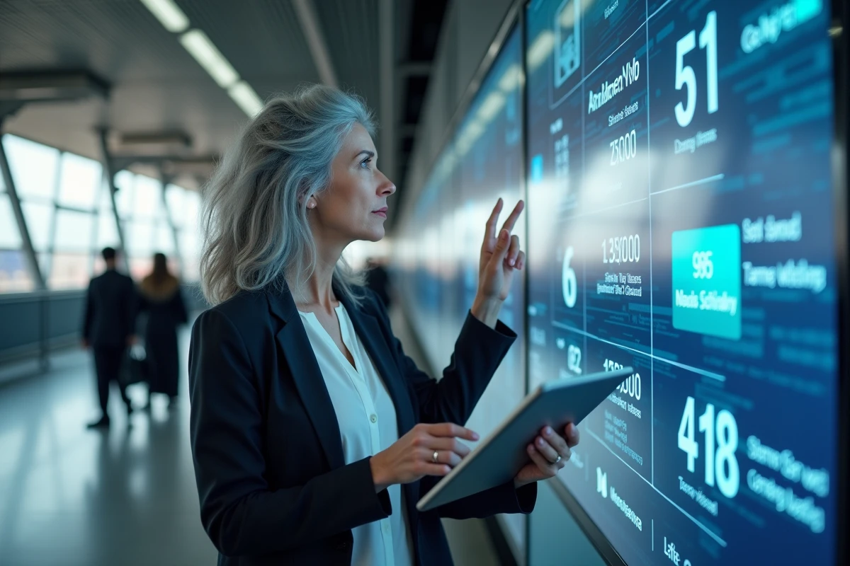 Femme devant un écran numérique public affichant des titres d'actualité dans un hub de transport urbain, symbolisant l'impact de l'information sur les transformations sociales