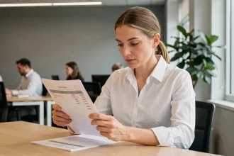 Femme au bureau analysant une feuille de temps avec des heures en format centième