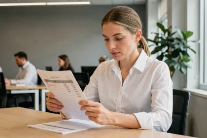 Femme au bureau analysant une feuille de temps avec des heures en format centième