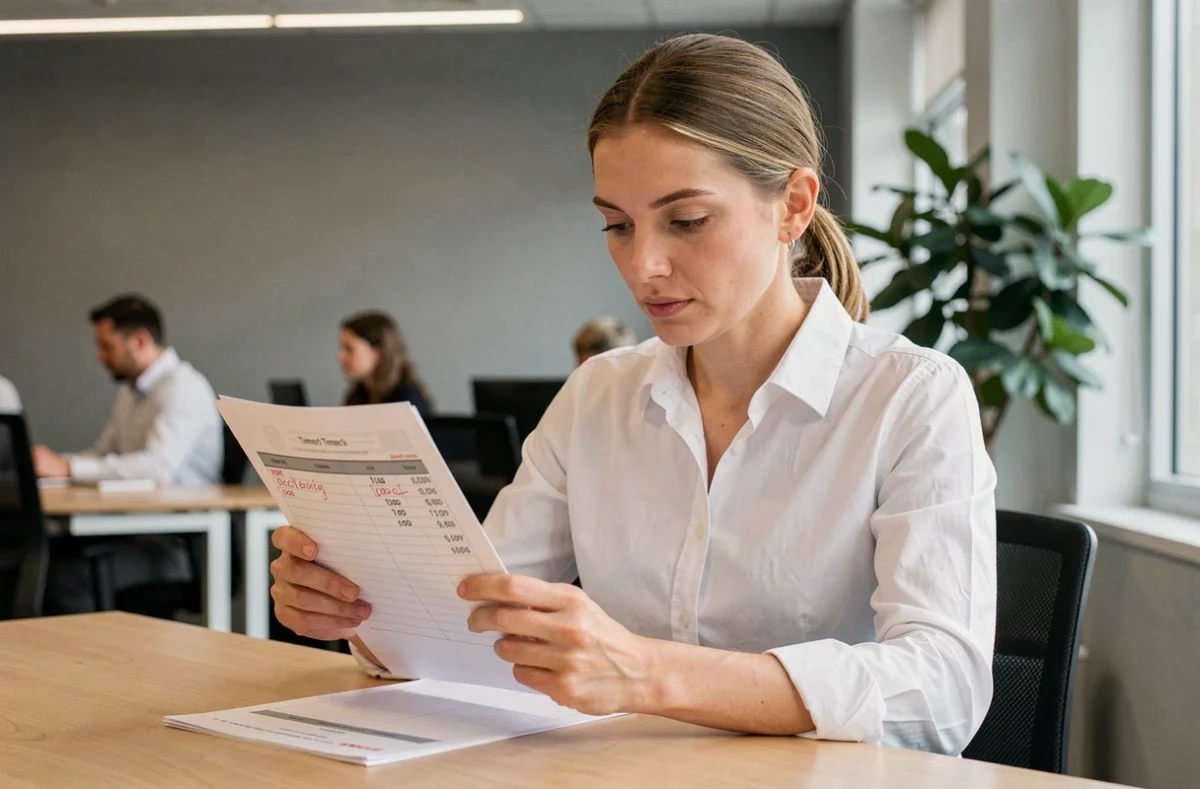Femme au bureau analysant une feuille de temps avec des heures en format centième