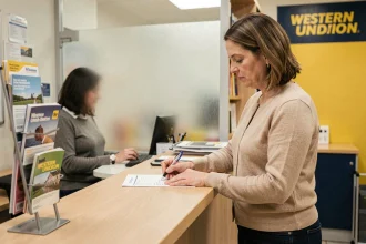 Femme remplissant un formulaire de transfert Western Union au guichet d'un bureau de poste en France