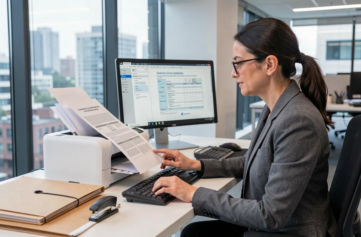 Femme imprimant le formulaire 2044 PDF depuis son bureau professionnel