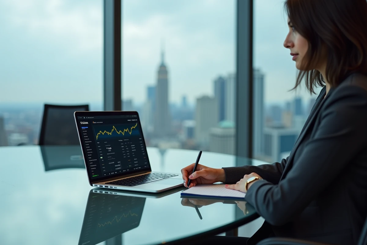 Une femme en réunion d'affaires consultant un portefeuille d'investissement lié au S&P 500 sur un ordinateur portable