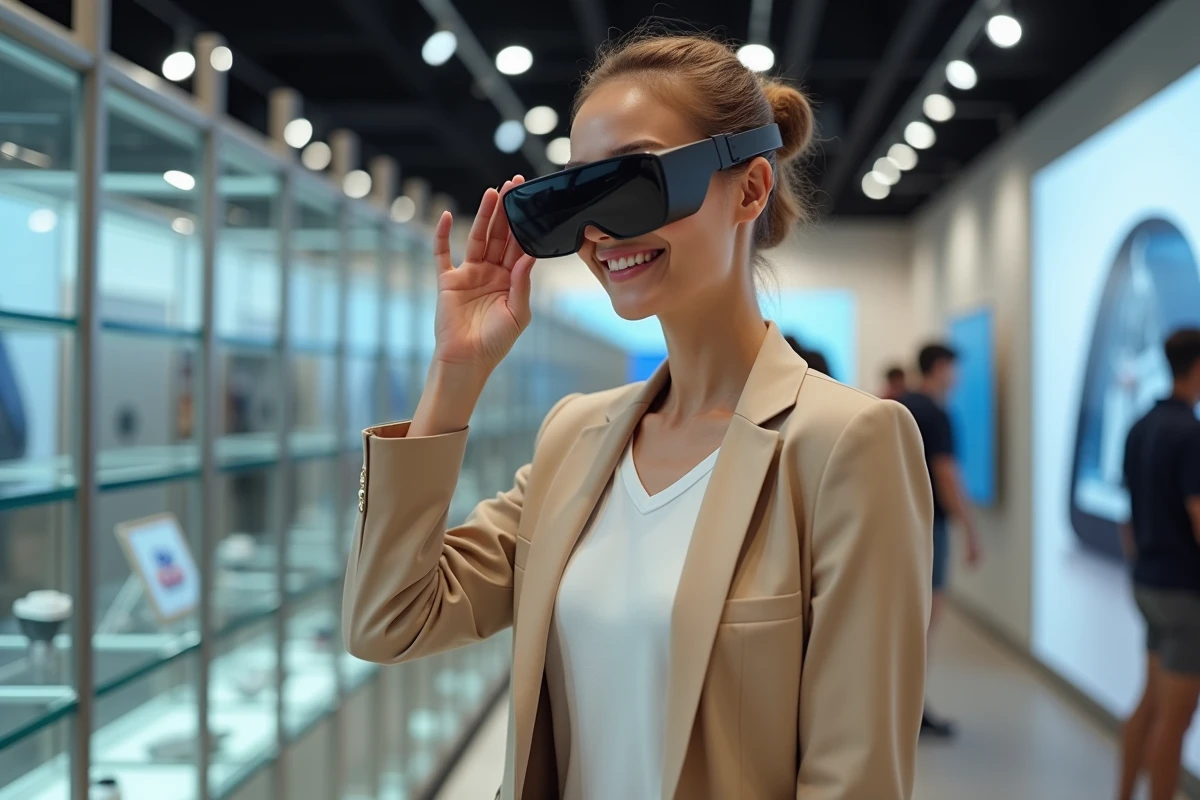 Femme essayant des lunettes de réalité augmentée dans un magasin d'électronique haut de gamme