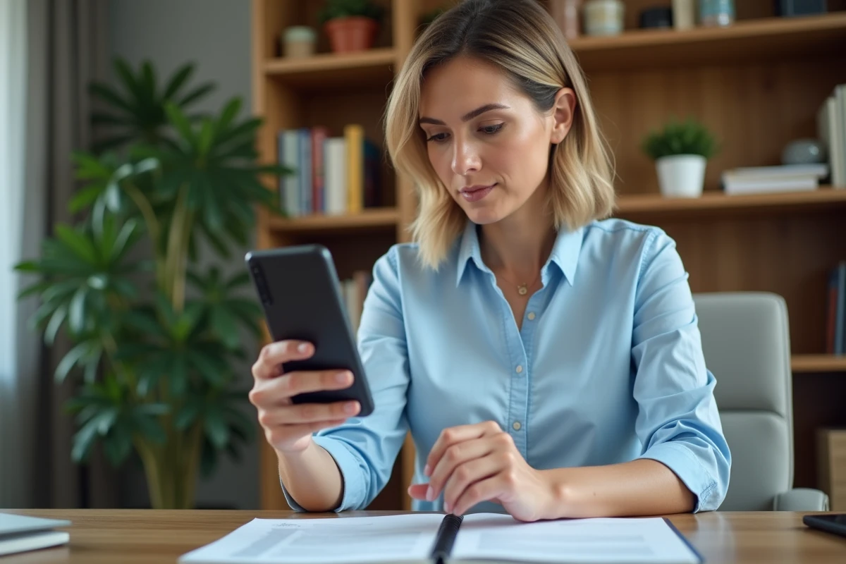 Femme comparant une application de micro-prêt sur son téléphone avec ses factures dans un bureau à domicile