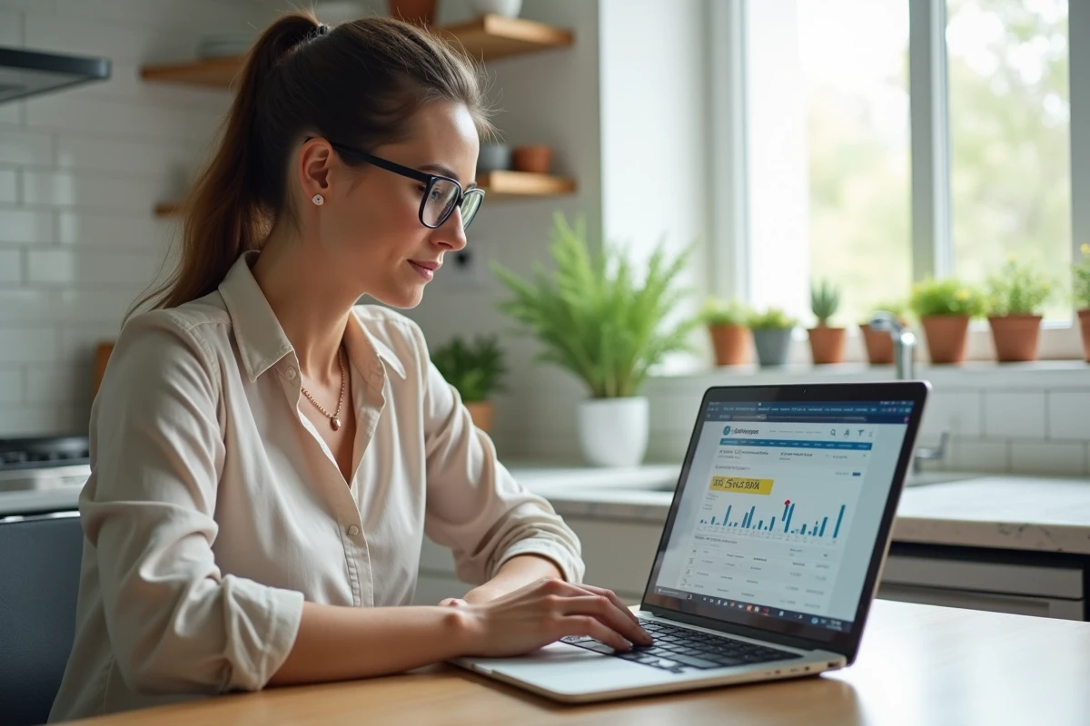 Femme consultant un tableau de bord de portefeuille avec un rendement de 10% sur son ordinateur portable