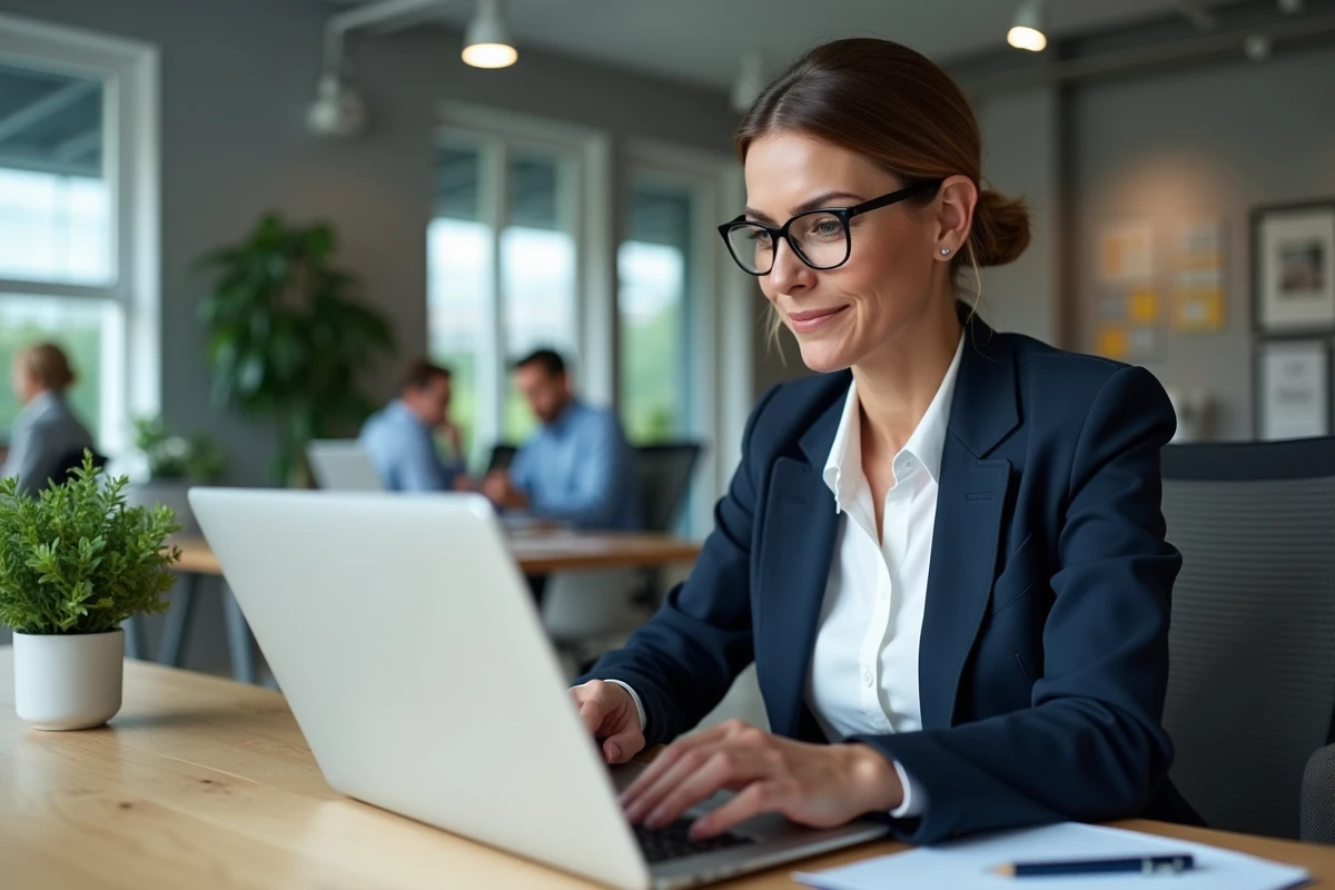 Femme professionnelle consultant son tableau de bord PayPal Business sur laptop dans un bureau moderne