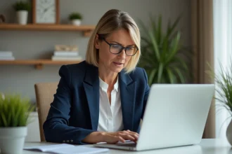 Femme utilisant un ordinateur portable pour récupérer son mot de passe oublié sur Le Fil Crédit Agricole