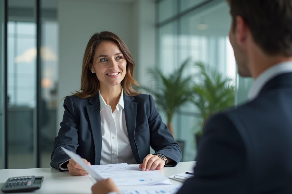 Femme cadre en rendez-vous bancaire pour obtenir un crédit immobilier de 300 000 euros sur 20 ans