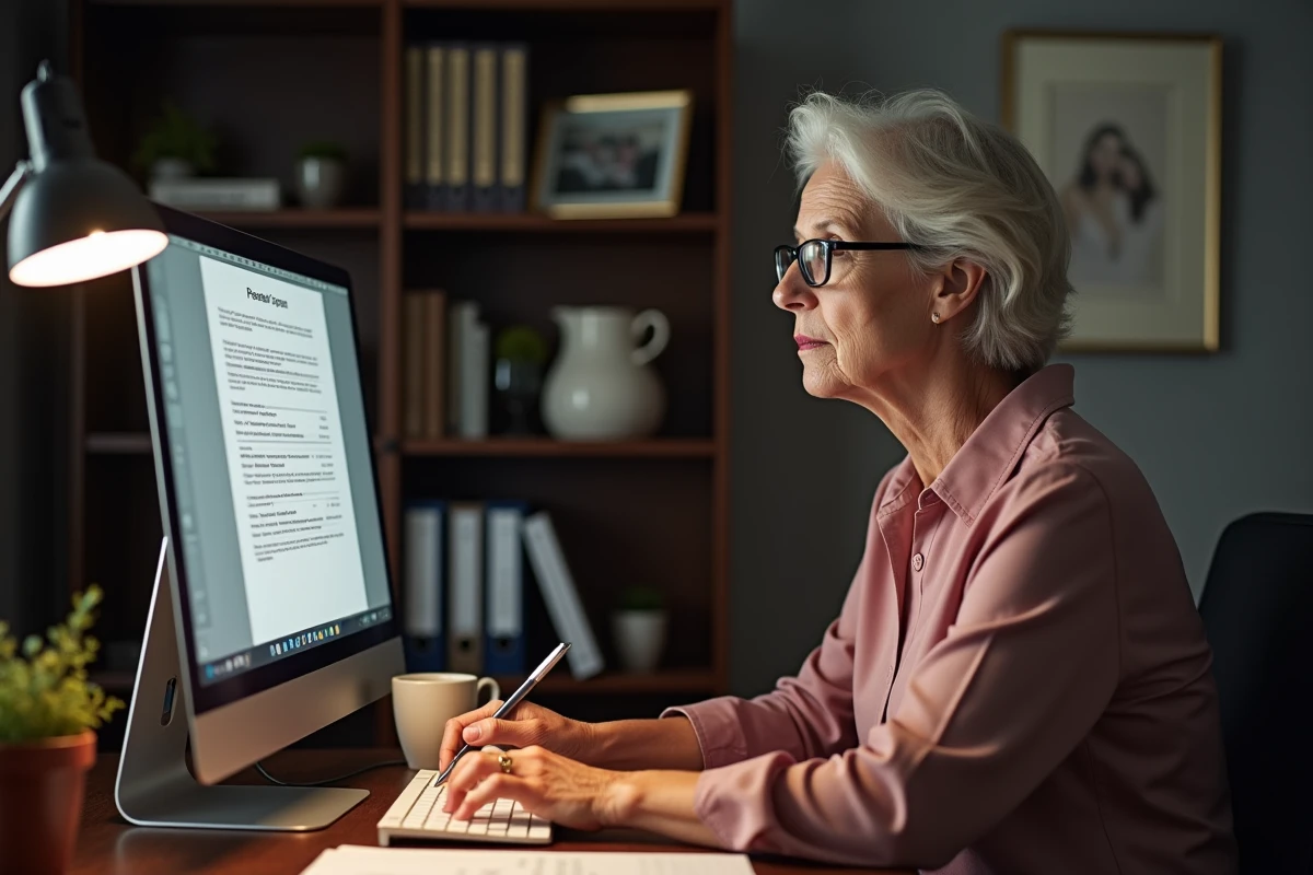 Femme retraitée consultant son relevé de regroupement de pensions sur ordinateur à domicile
